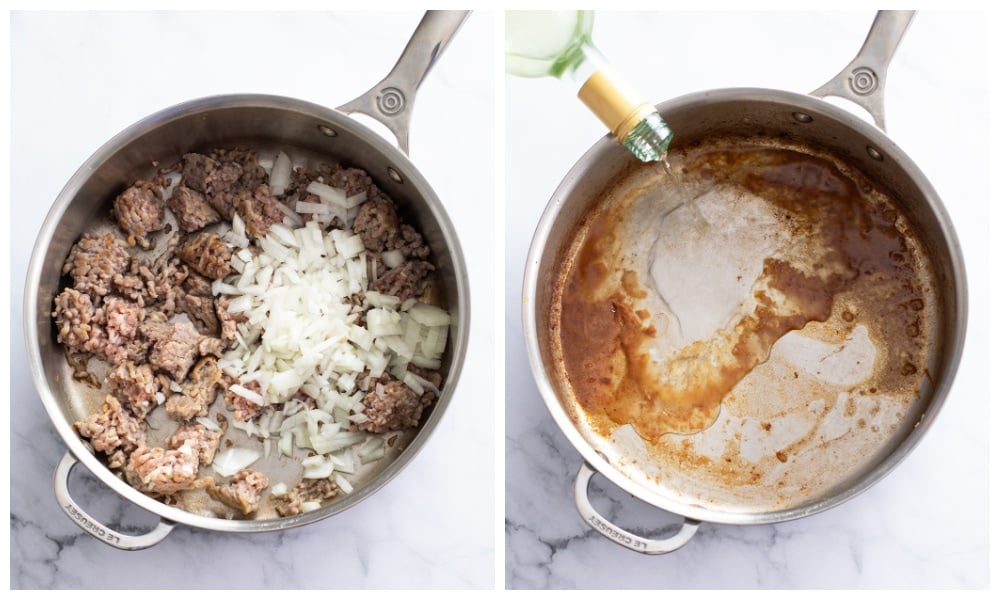 Cooking sausage and onions in a skillet and deglazing it with white wine.